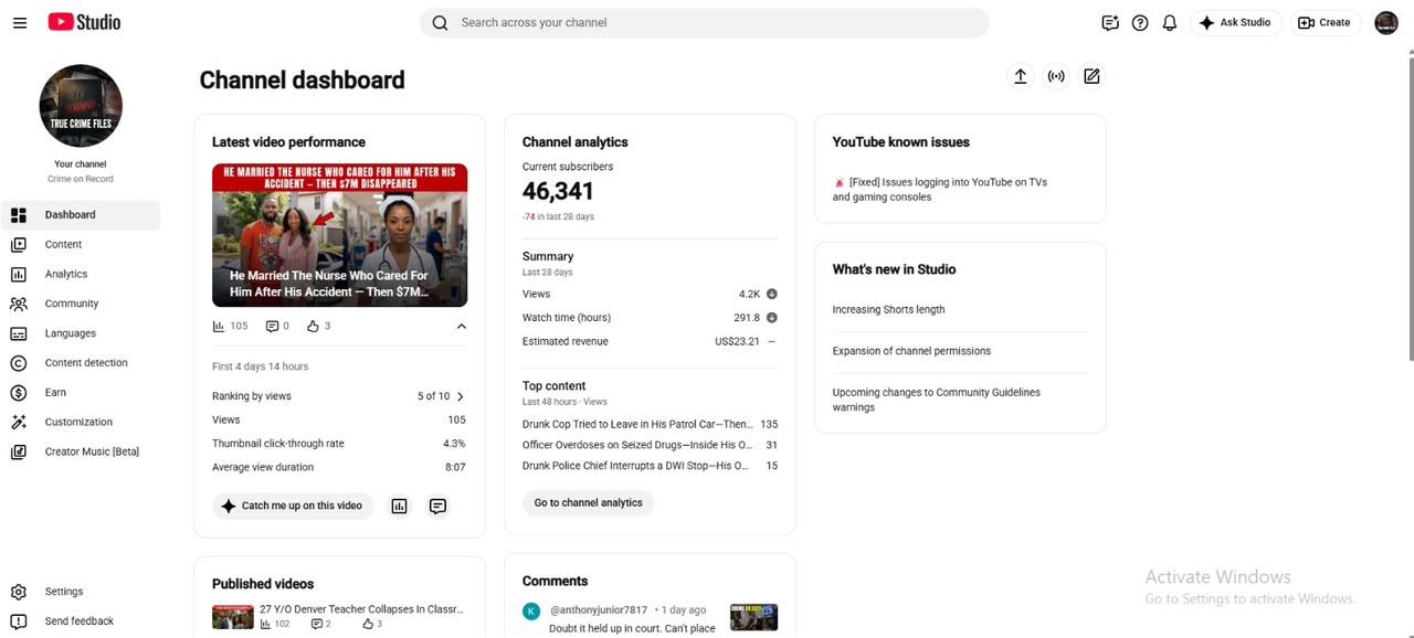 46k Monetized True Crime & Cam YouTube Channel