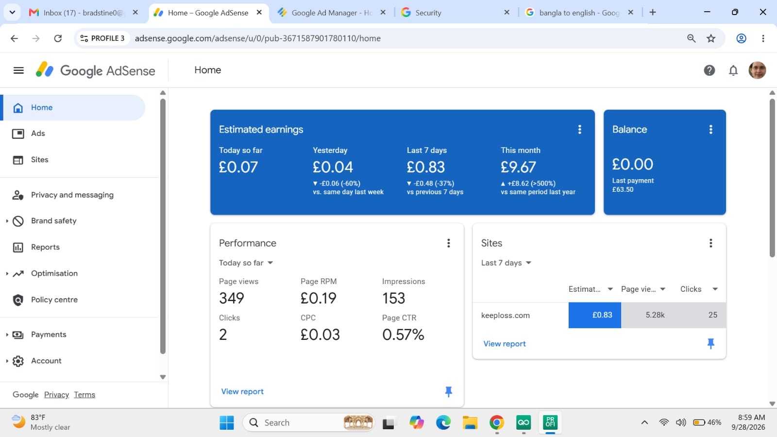 UK 1X Payment Received AdSense Account - 3yr Old