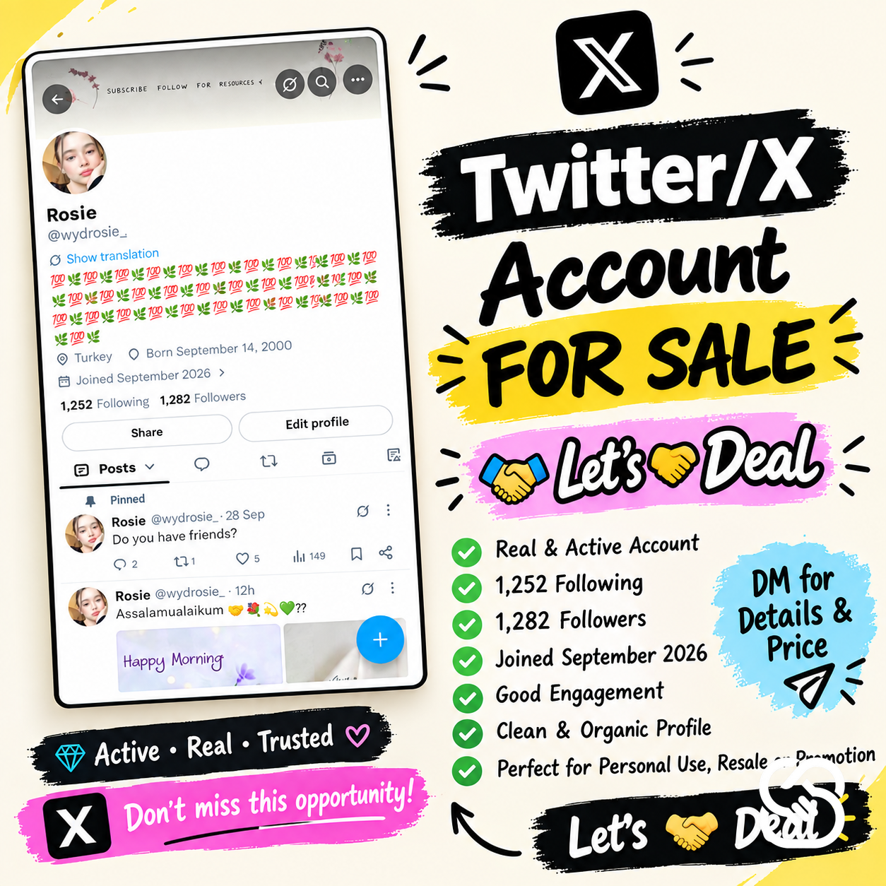 1,282 Followers Turkey Twitter/X Account @wydrosie_ – Ready for Sale